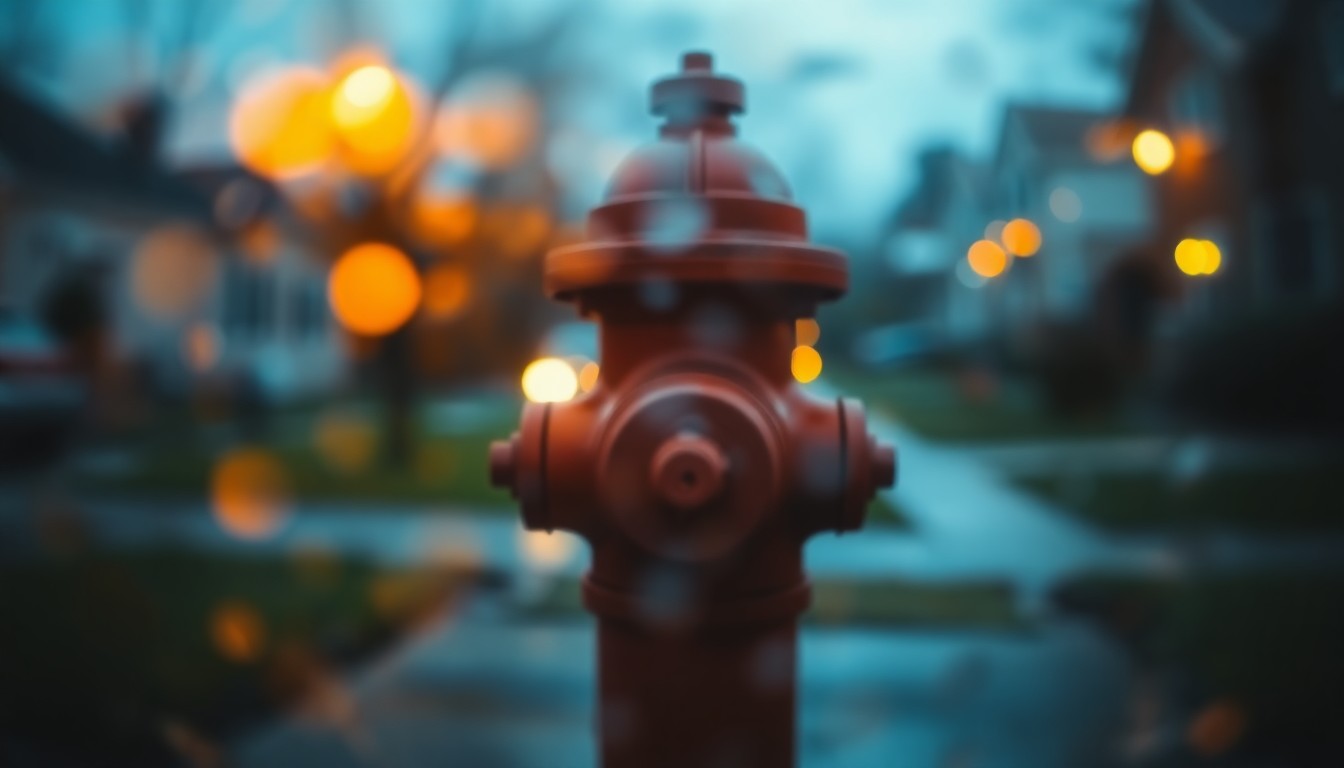 An abstract, impressionistic photograph of a blurred fire hydrant in a residential setting, with soft, warm colors and a sense of atmospheric haze, conveying the importance of maintaining public utilities.