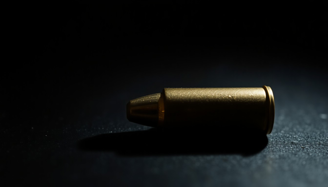 An extreme close-up of a single spent shell casing on a dark surface, lit by a harsh, direct camera flash, conceptually representing the physical evidence from a shooting incident.