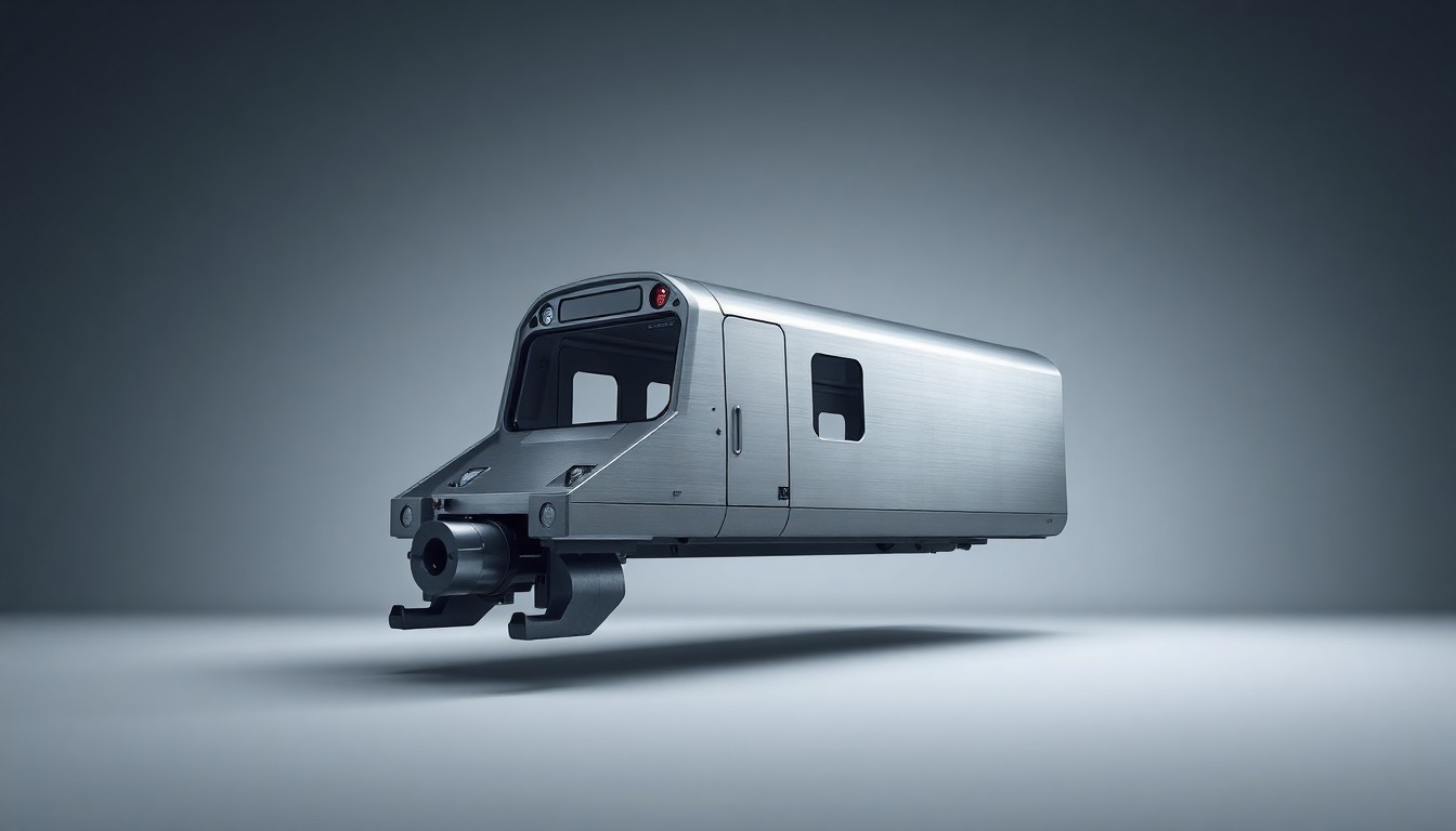 A photorealistic studio still life of a sleek, metallic rail car component or assembly tool floating on a clean, monochromatic background, representing the precision and innovation of Siemens' advanced manufacturing processes.