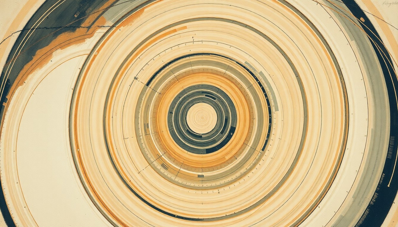 A bold, geometric abstract painting in soft earth tones, featuring sweeping arcs, concentric circles, and precise botanical spirals, conceptually representing the complex physical processes and forces at work within an advanced nuclear reactor.