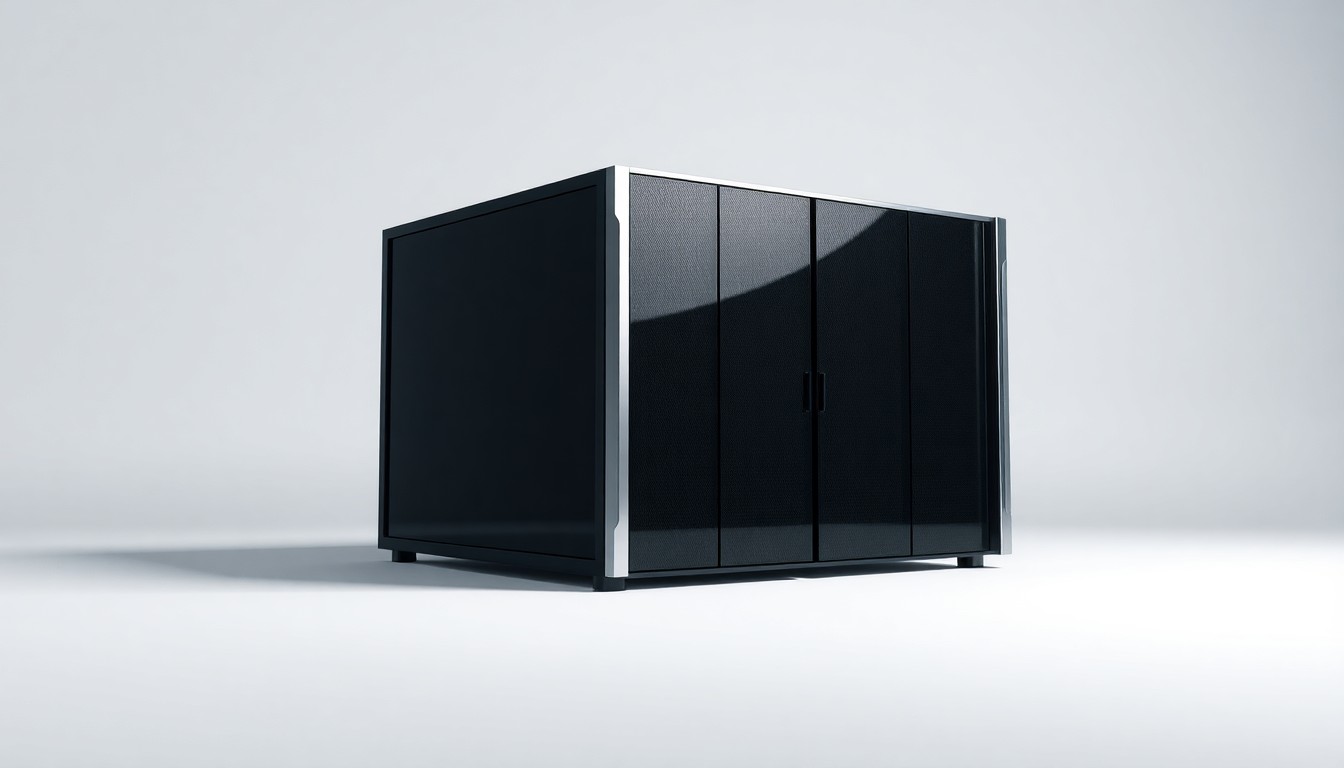 A high-end, photorealistic studio still-life photograph featuring a sleek, modern data server rack made of polished metal and glass, resting on a clean, monochromatic background and dramatically lit to symbolize the abstract corporate strategy and resource management challenges facing Denton's data center boom.
