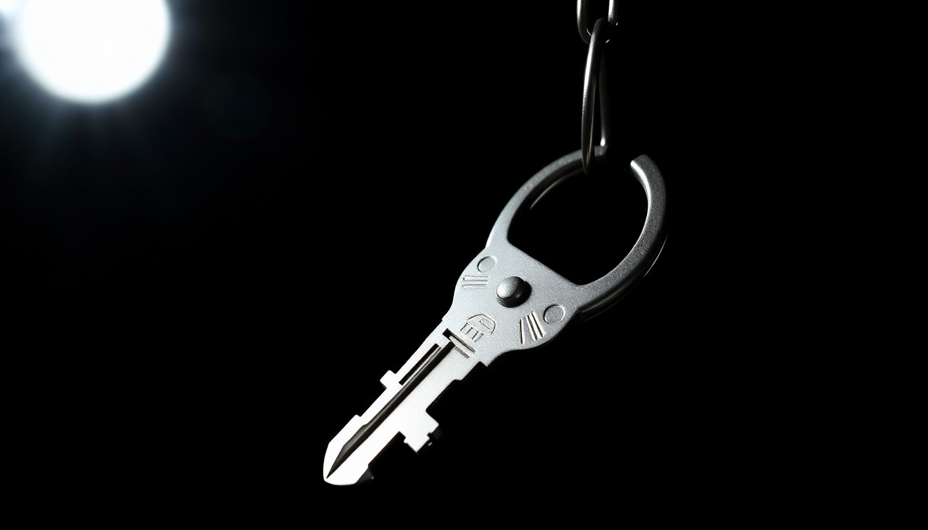 An extreme close-up photograph of a handcuff key against a pitch-black background, lit by a harsh, direct camera flash, conceptually representing the serious legal consequences faced by an individual convicted of sexually abusing a minor.