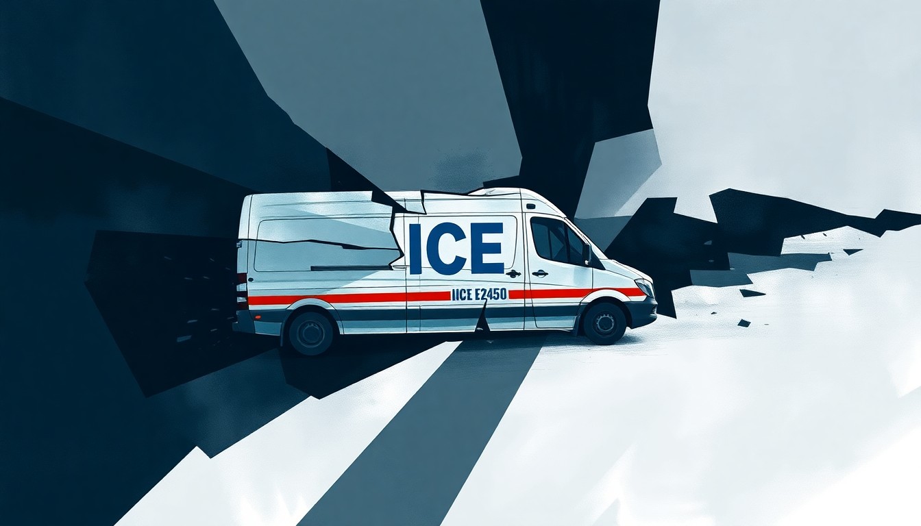 A highly stylized, fragmented painting of an ICE detention van in shades of blue, grey, and black, conveying a sense of disruption and motion through the overlapping geometric shapes and brushstrokes.