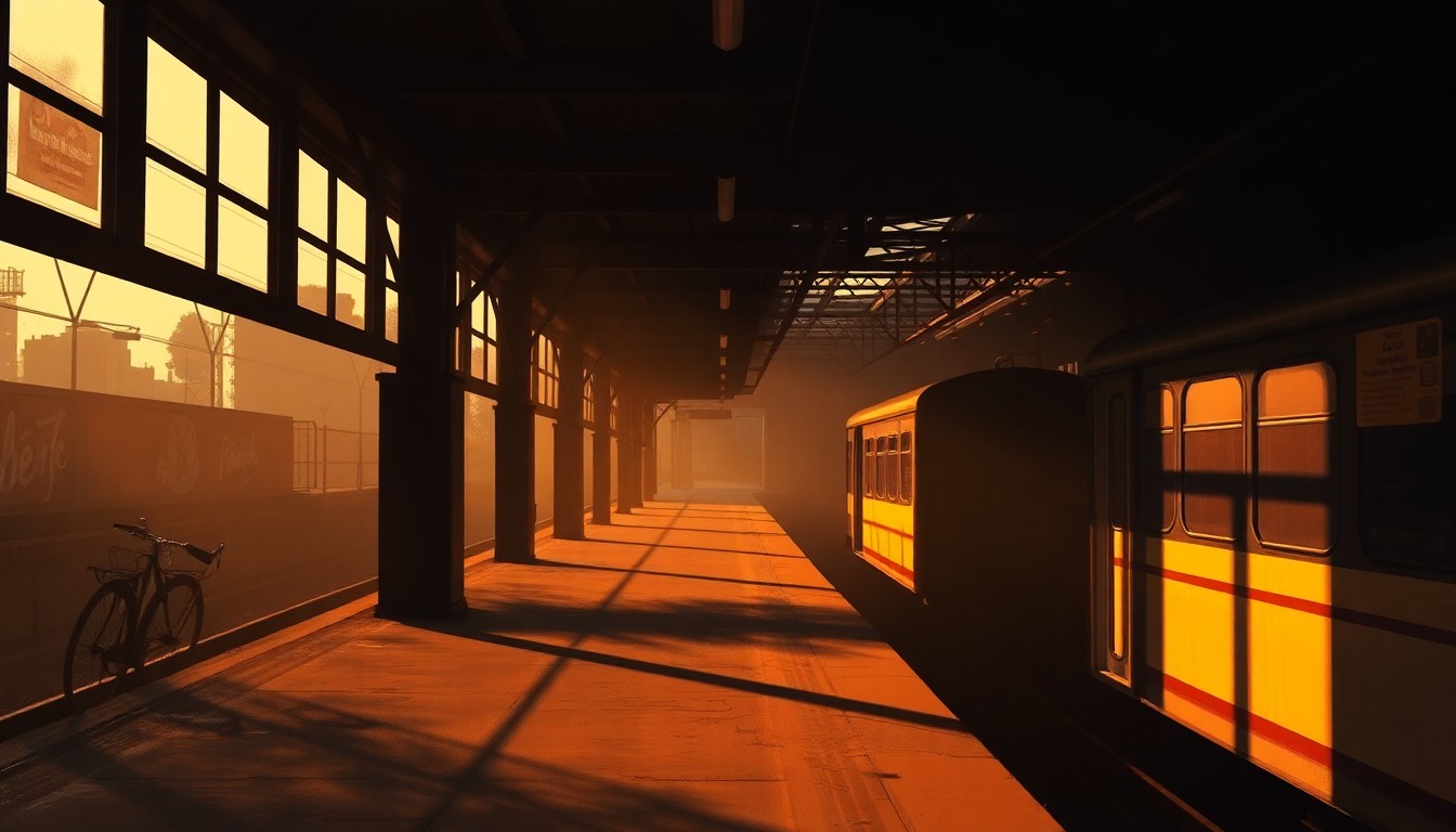 A warm, nostalgic painting of an empty train platform with long shadows cast by the sun, conceptually representing the efforts to revive commuter rail service in the region.