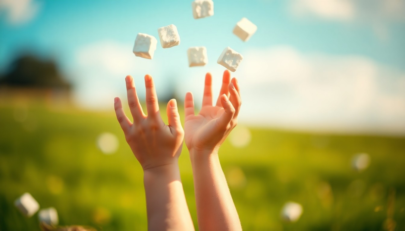 An abstract, out-of-focus photograph showing children's hands reaching up to catch falling marshmallows, with a blurred background of green grass and blue sky, creating a dreamlike, ethereal scene.