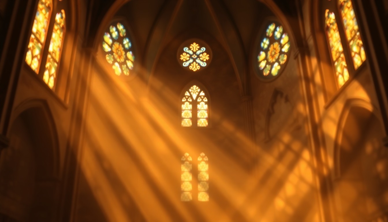 An extremely abstracted, out-of-focus photograph of a church interior, with soft pools of warm, golden light filtering through stained glass windows and creating a serene, ethereal atmosphere.