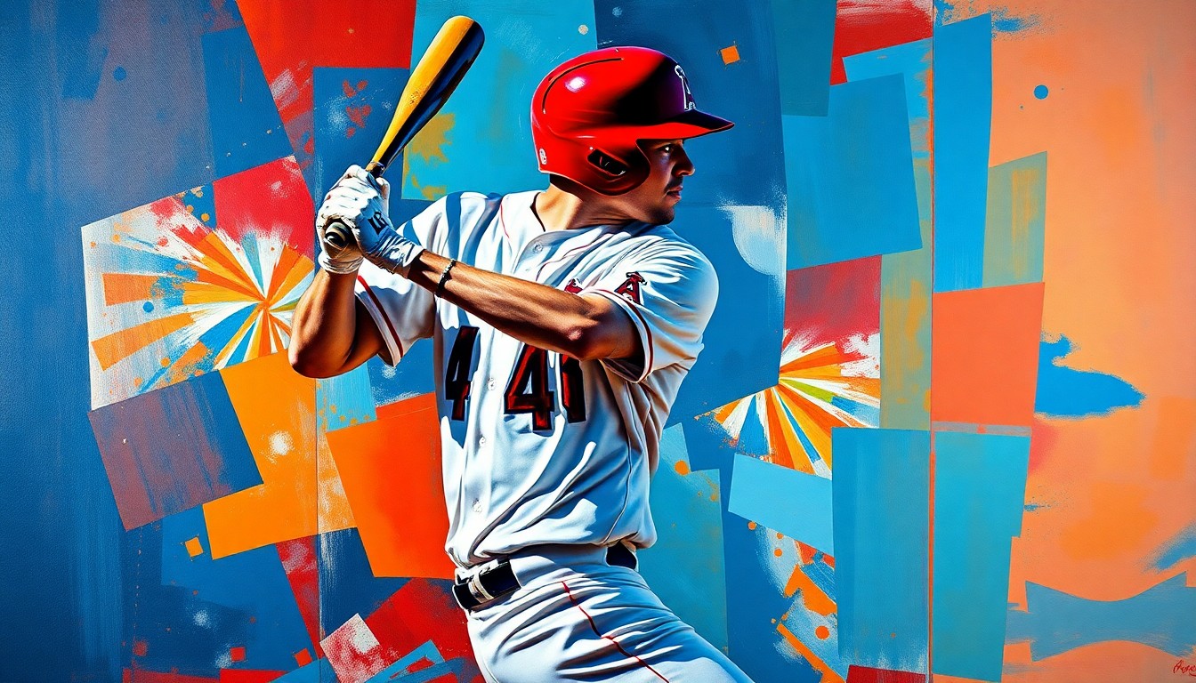 A fragmented, geometric painting depicting a baseball player's batting motion, with sharp planes of the Angels' team colors creating a sense of movement and energy.