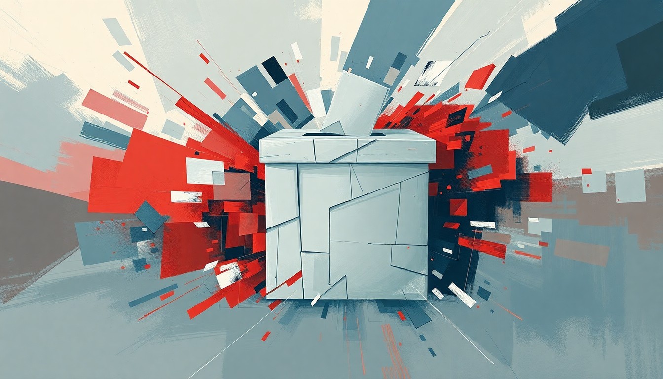 A dynamic, abstract painting featuring overlapping geometric shapes and waves of muted blue, grey, and red tones, conceptually representing the complex and contested nature of voting rights and election integrity.