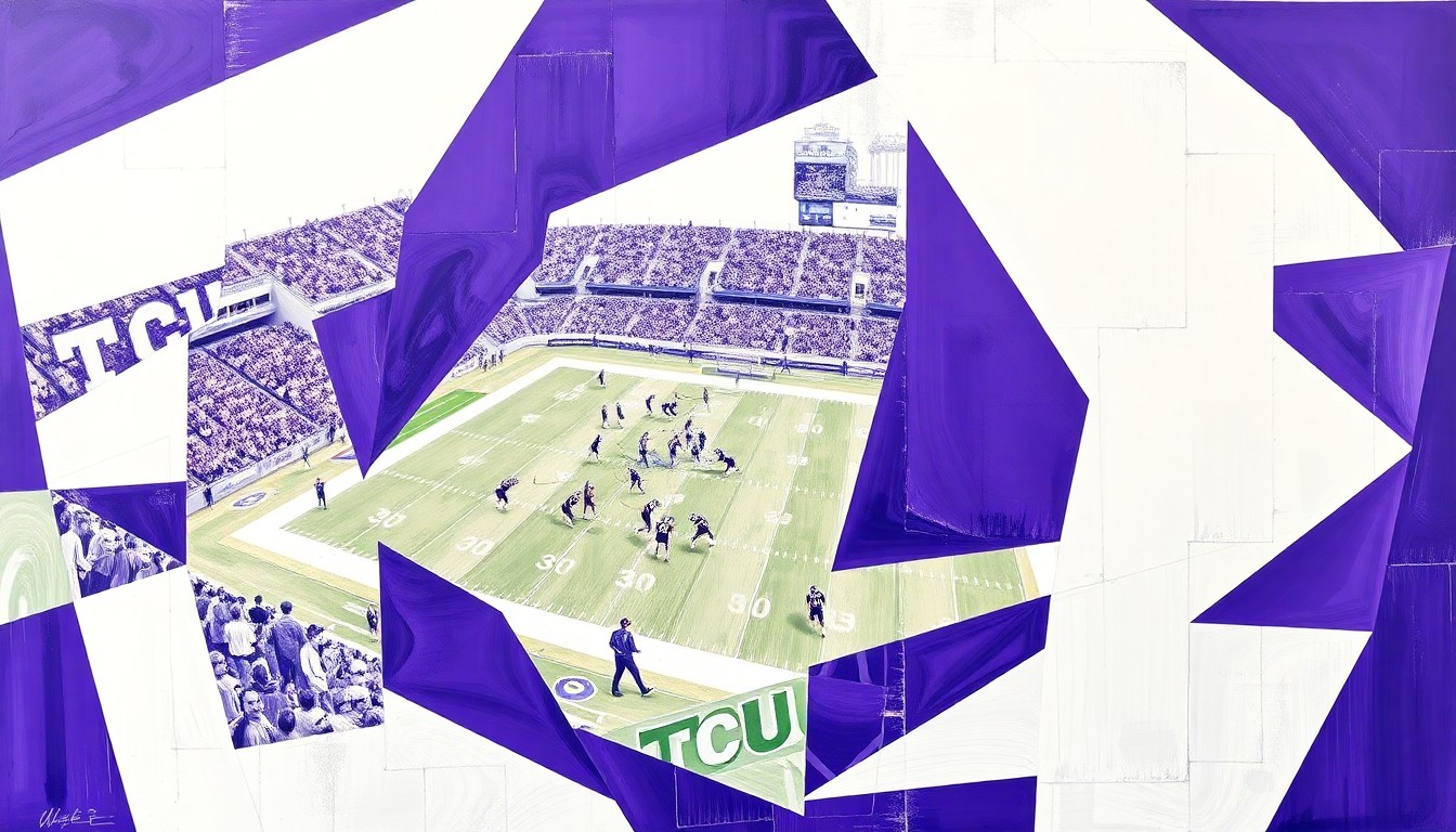 A cubist, geometric painting featuring overlapping planes of purple and white, conceptually representing the strategic elements of a college football game or practice.
