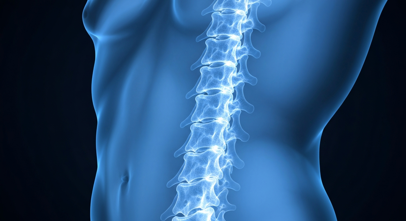 A translucent, ghostly X-ray image of a human spine glowing with a soft, electric blue light, symbolizing the body's resilience and capacity for wellness.