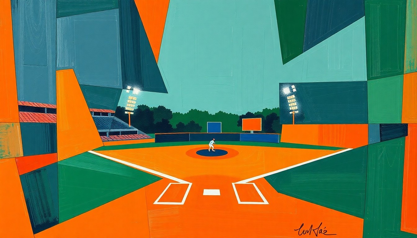 A fragmented, geometric painting depicting a high school softball game, with sharp planes of bright colors representing the dynamic action and energy of the game.