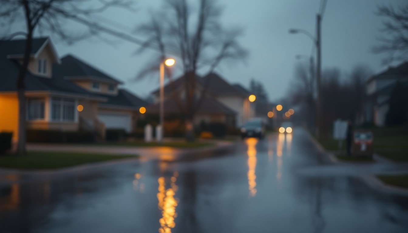 An abstract, impressionistic photograph of a flooded street, with blurred lights and buildings in the background, conveying a sense of the emotional impact of water damage on a community.