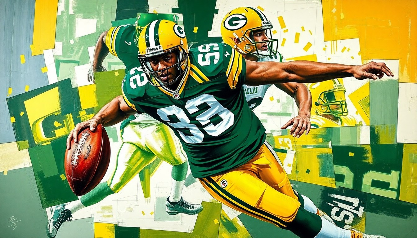 A fragmented, geometric painting depicting a football player in motion, with sharp planes of green and gold representing the Green Bay Packers' colors and the team's need to strengthen their pass rush.