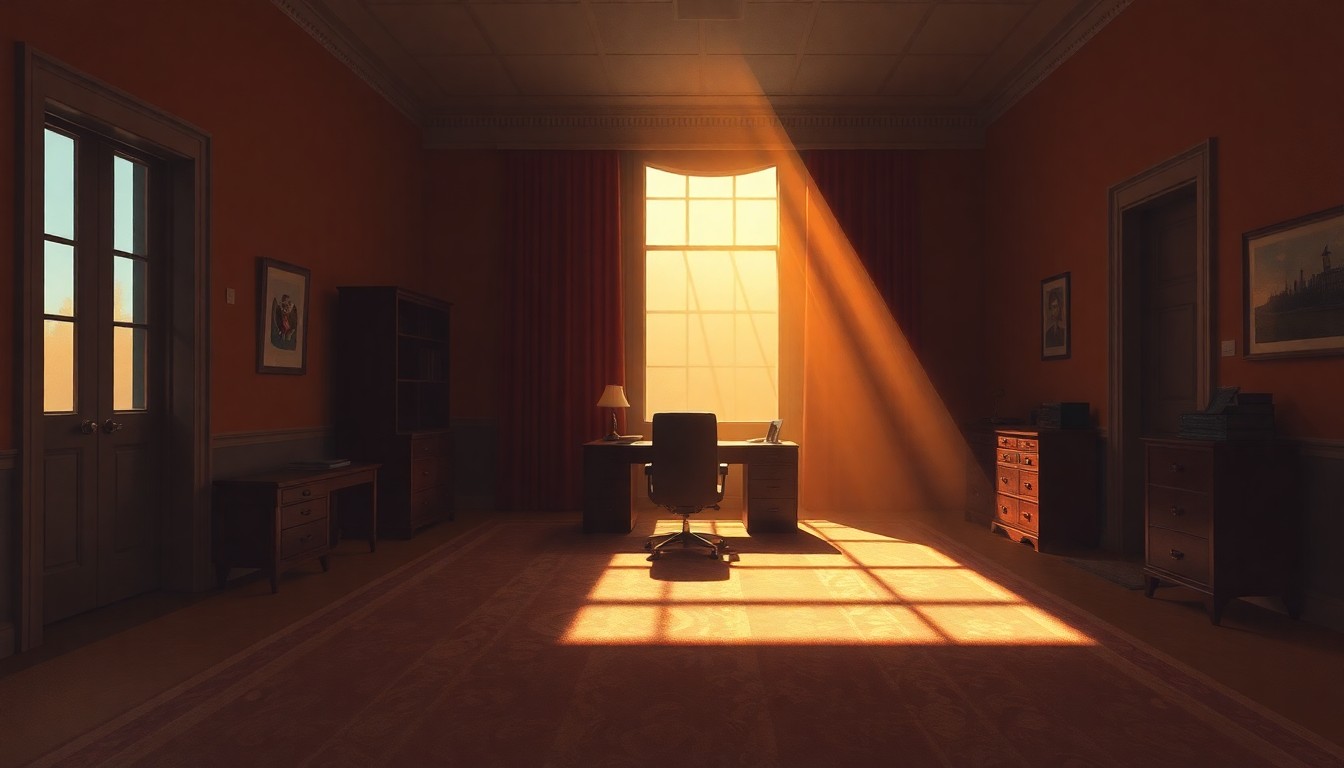 A dimly lit, cinematic painting of a solitary political office space with a single chair and desk in the center, bathed in warm, diagonal sunlight and deep shadows, conveying a sense of melancholy and loss.