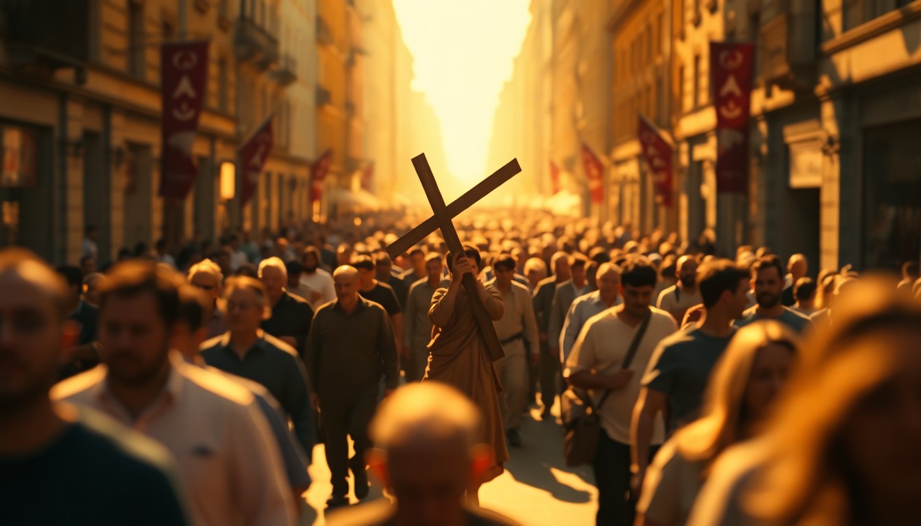 An extremely abstracted, out-of-focus photograph of a crowd walking down a city street, with a single figure carrying a large cross in the center, surrounded by soft, warm pools of light and color.