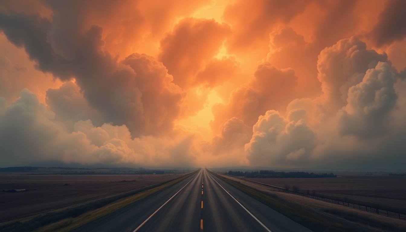 A sweeping, atmospheric landscape painting in muted earth tones, with a lonely stretch of highway obscured by thick, billowing smoke that dwarfs the surrounding countryside, conveying the raw power and unpredictability of the semi-truck fire incident.