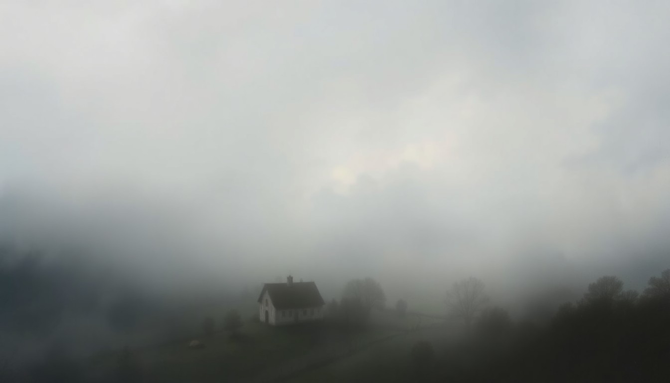 A dramatic, atmospheric landscape painting depicting a rural church or chapel in the distance, obscured by a heavy, low-hanging mist that fills the foreground, conveying the overwhelming power of nature.