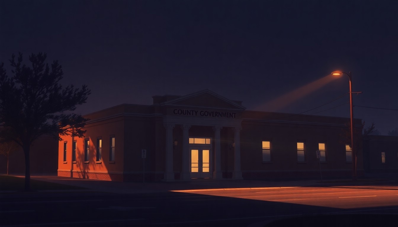 A serene, photorealistic painting of a government building in a small town, with warm sunlight casting long shadows across the facade and surrounding landscape, conveying a sense of civic duty and community importance.