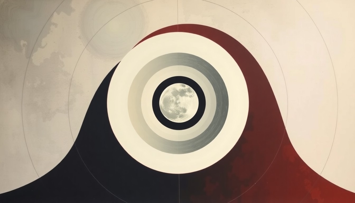 A bold, abstract painting in soft blues, greens, and grays depicting the Artemis II spacecraft's trajectory around the moon, with sweeping geometric arcs and concentric circles representing the complex scientific forces at play in this historic mission.