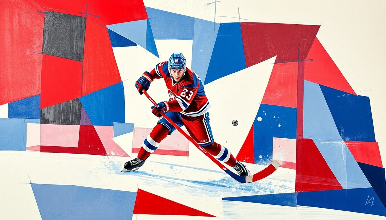A cubist, geometric painting depicting a hockey player scoring a goal, with the player's form fractured and abstracted into sharp, overlapping planes of red, blue, and white, capturing the dynamic energy of the moment.