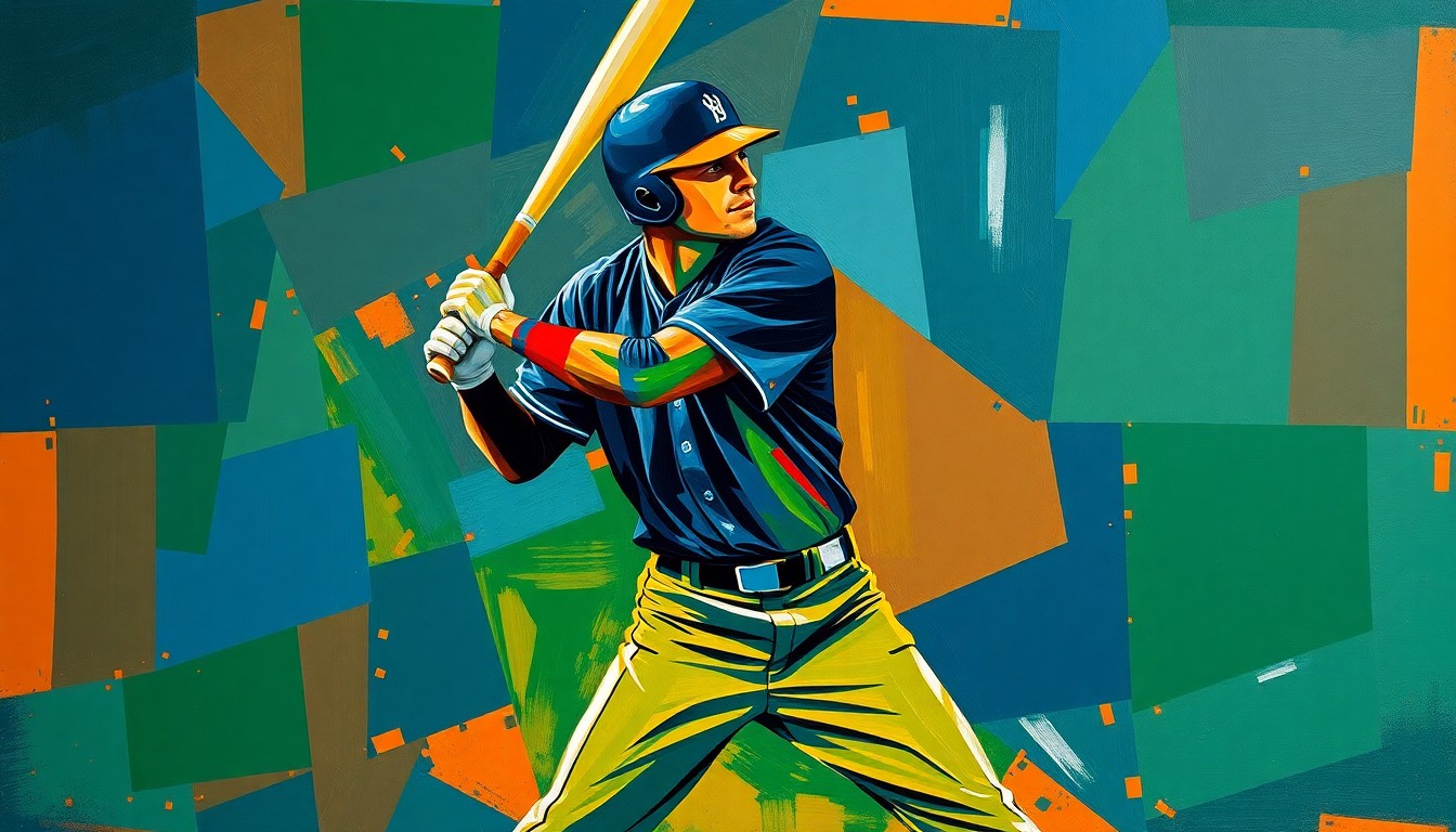 A fragmented, geometric painting depicting a baseball player's batting stance, with sharp planes of navy, green, and orange creating a dynamic, multi-angled composition.