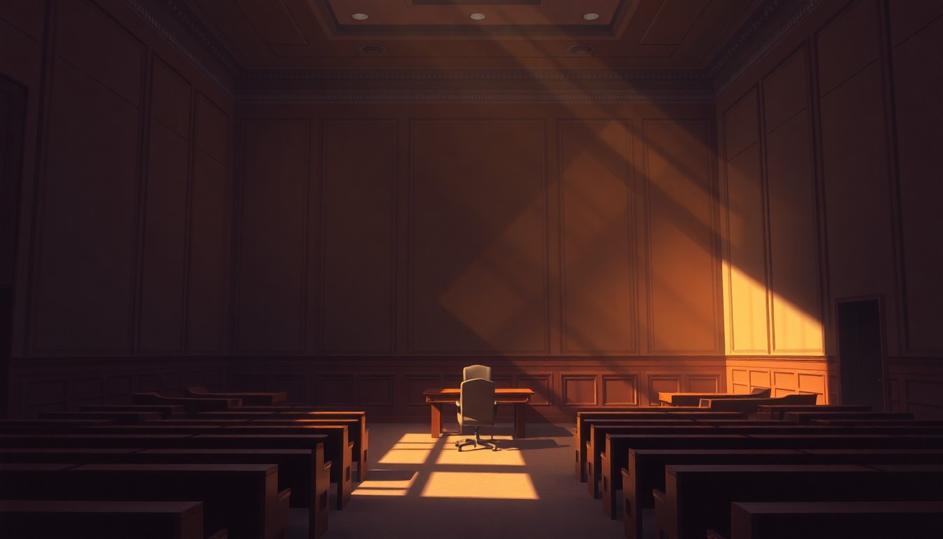 A serene, photorealistic painting of an empty city council chamber, with a single desk and chair bathed in warm, dramatic lighting, conveying a sense of civic duty and local governance.