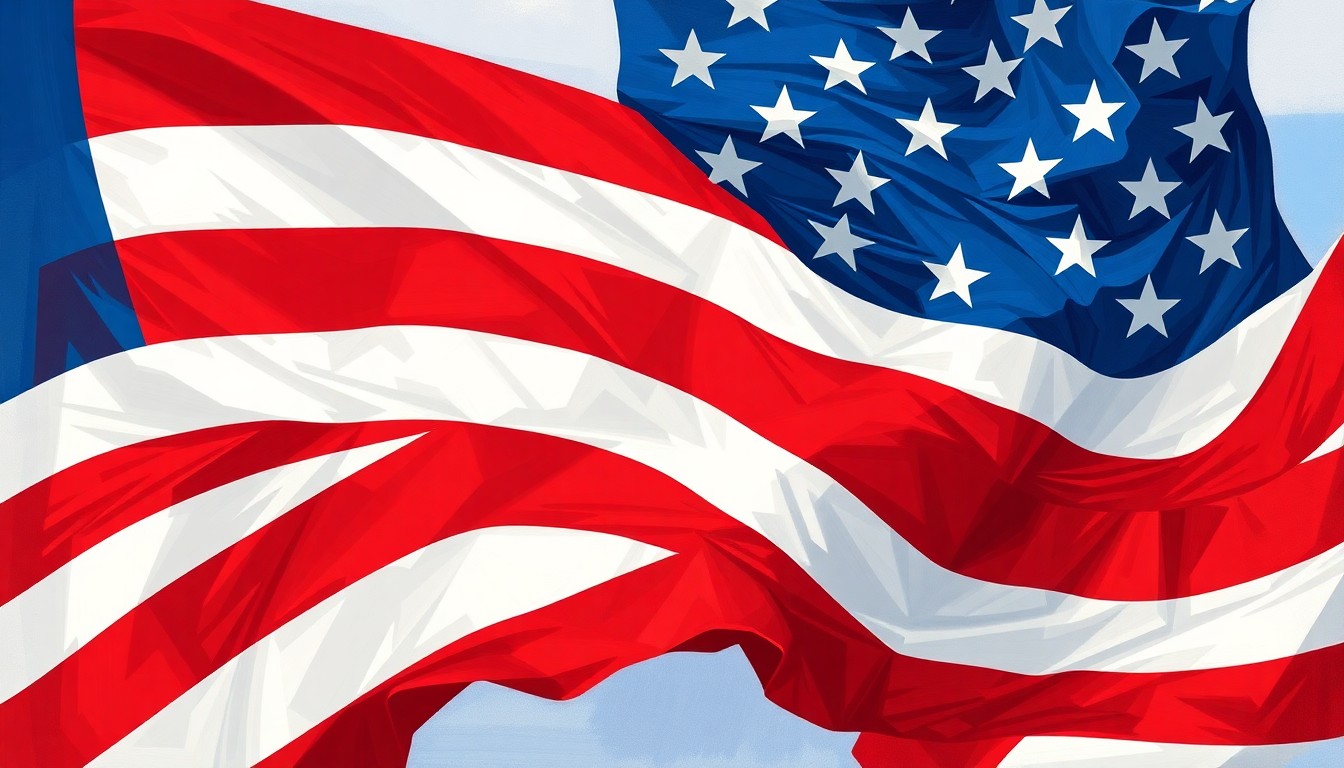 A dynamic, abstract painting of an American flag waving in the wind, with the stars and stripes repeated in overlapping, fractured geometric shapes in red, white, and blue, conveying a sense of motion and political tension.