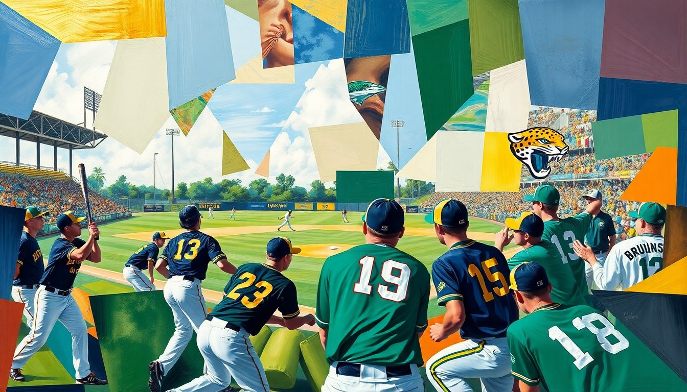 A fragmented, geometric painting in bold colors depicting the dynamic action and energy of a high school baseball game, with players and the field deconstructed into sharp, overlapping shapes and planes.