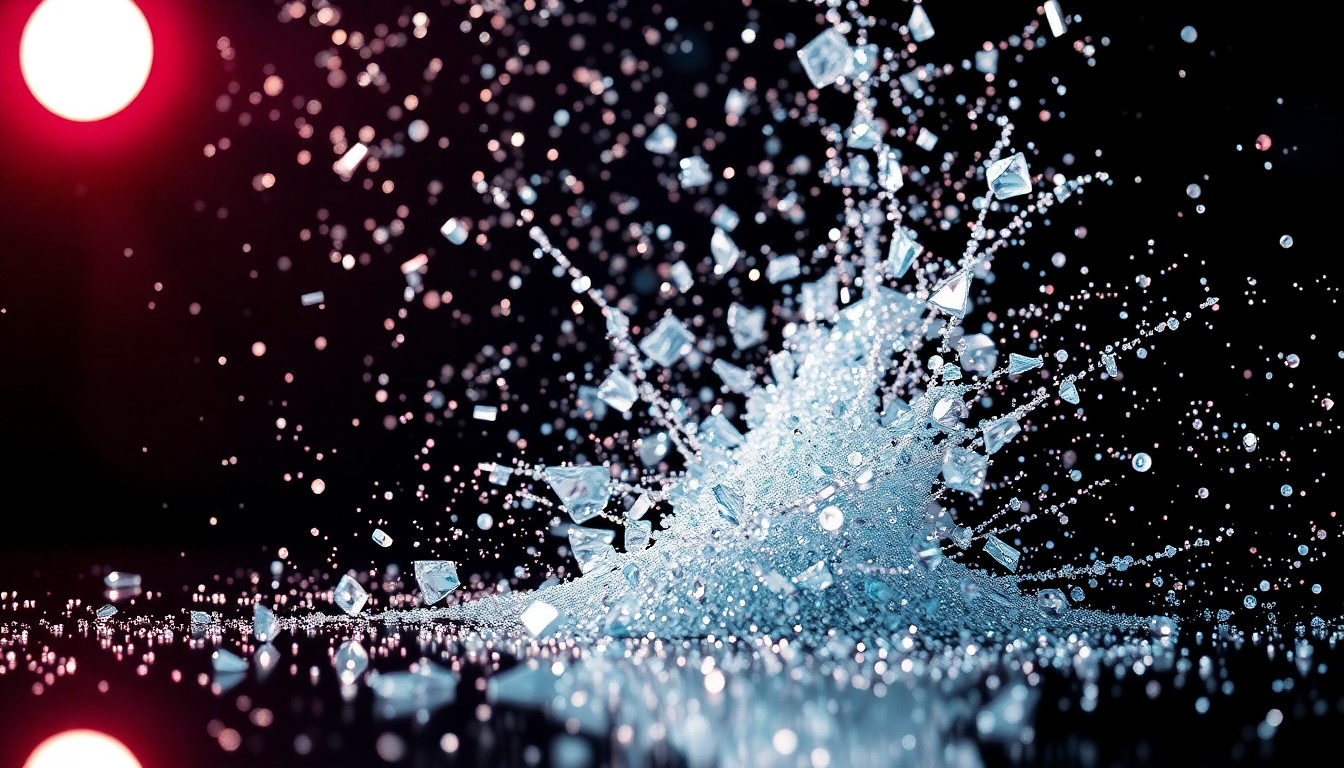 An abstract close-up image of shattered glass and glittering sequins, captured in dramatic studio lighting to create a high-fashion, glamorous aesthetic that conceptually represents the world of television news.