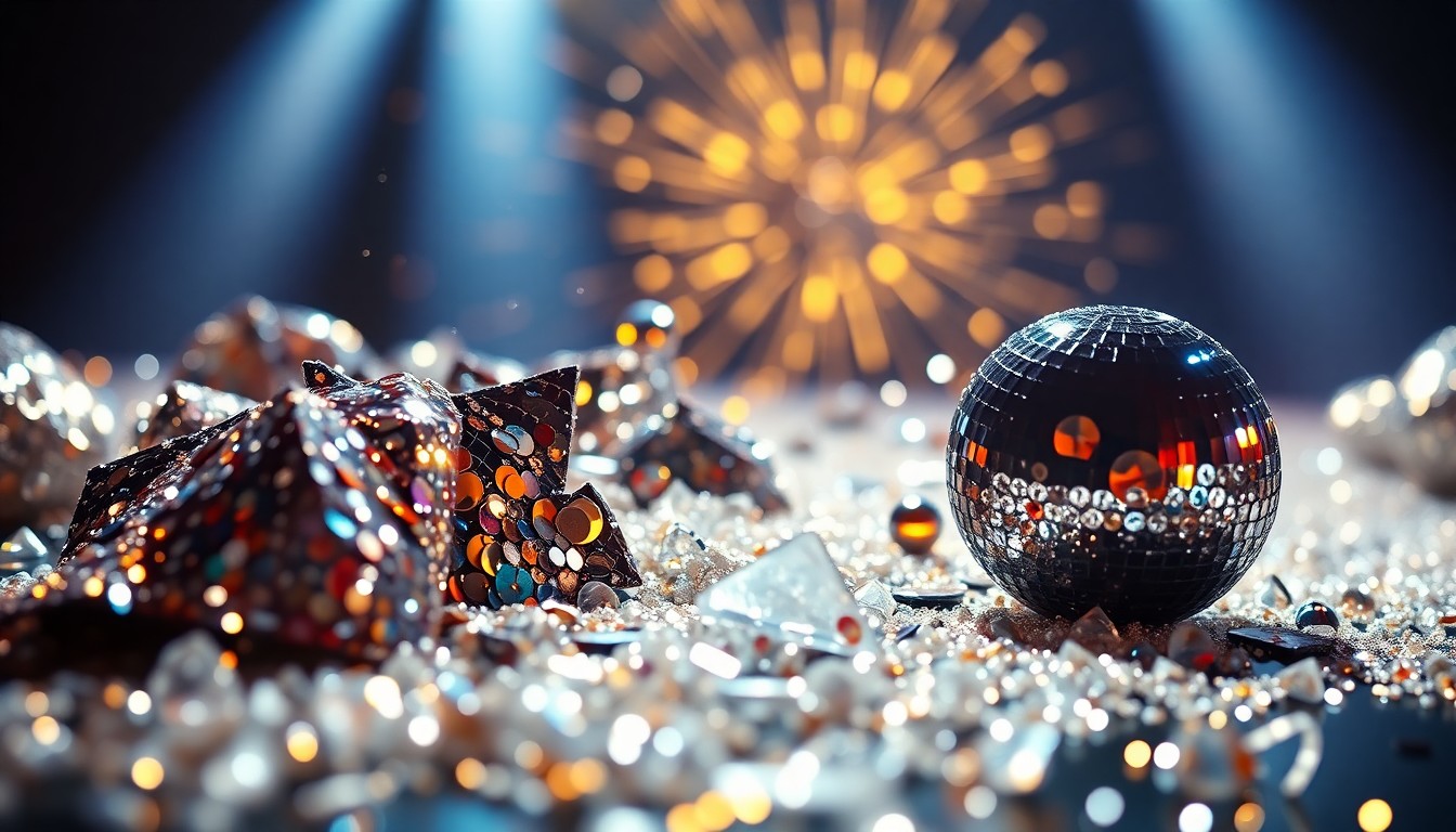 An abstract close-up photograph featuring a dramatic, high-contrast composition of shimmering sequins and shattered glass, conveying the glitz and glamour of the music industry.