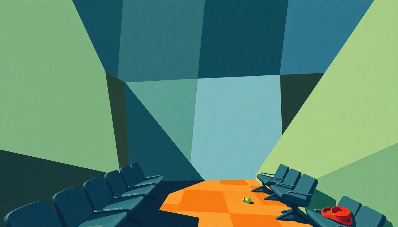 A cubist, geometric painting depicting the interior of a baseball stadium's sensory room, with abstract shapes and muted colors representing the calming sensory elements available to fans.