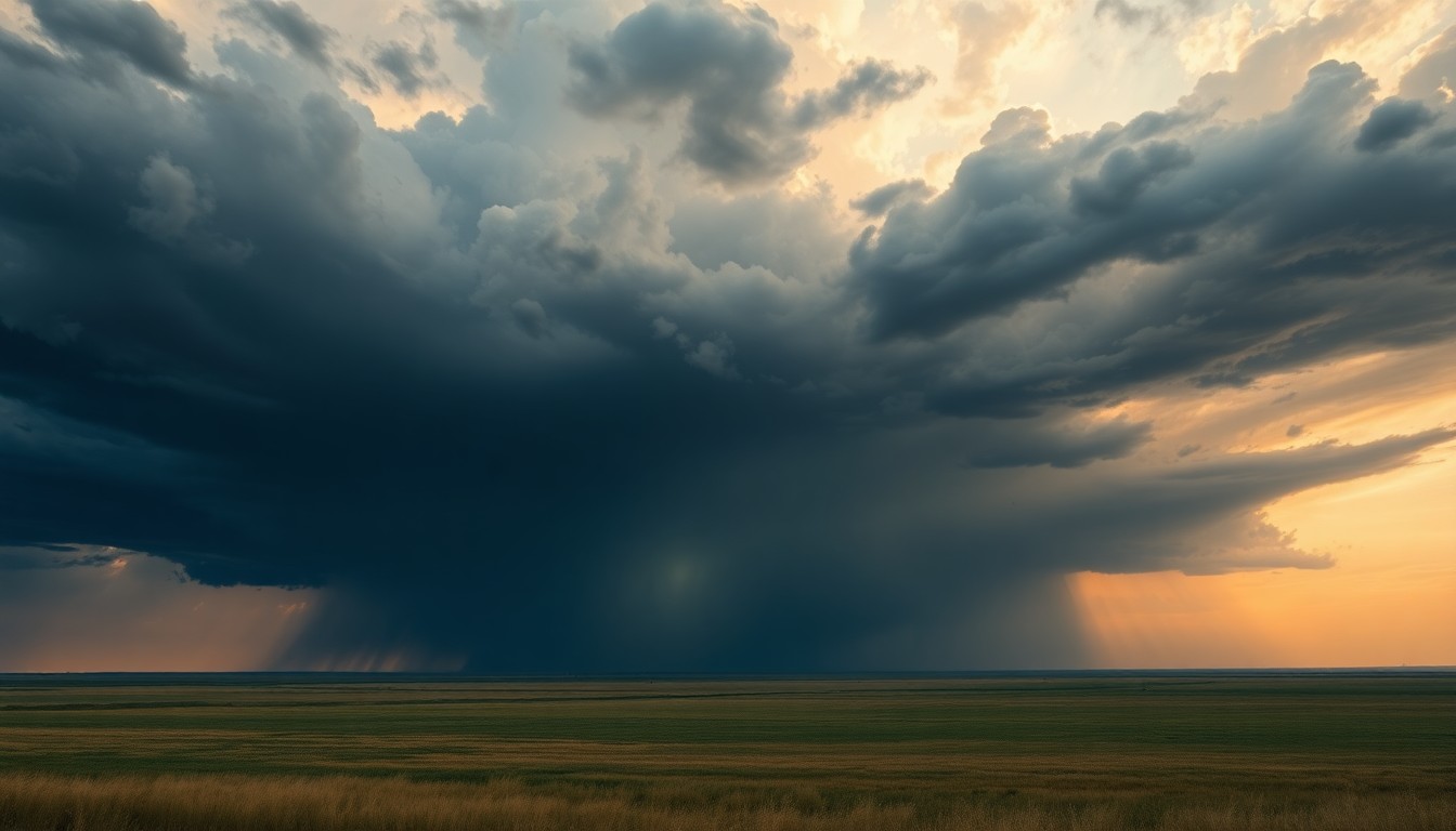A dramatic, atmospheric landscape painting in muted tones of grey, blue, and green, with a sweeping, stormy sky dominating the frame and obscuring the horizon line and any physical objects in the distance, conveying the sublime scale and power of an impending severe weather event.