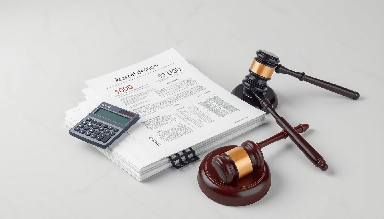 A photorealistic studio still life featuring a stack of financial documents, a calculator, and a gavel arranged on a clean, monochromatic background, conceptually representing the legal investigation into Phreesia's corporate disclosures.
