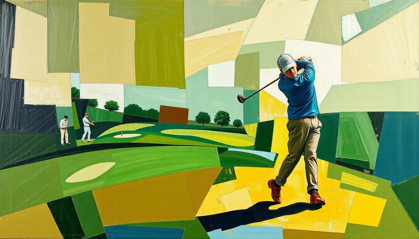A cubist, geometric painting depicting fragmented, overlapping shapes in shades of green, brown, and blue, representing the complex challenges of a golf swing or course.