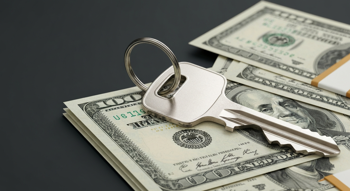 An extreme close-up of a house key resting on top of a stack of dollar bills, conveying the financial power and leverage of home buyers in the current market.