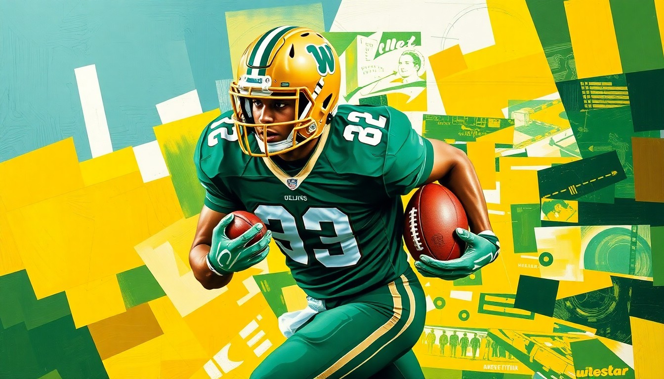 A fragmented, geometric painting depicting a football player in motion, with sharp planes of green and gold representing the player's high school team colors.