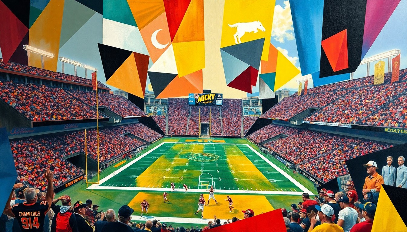 A fragmented, cubist-style painting depicting a college football championship game, with the players, field, and stadium broken down into sharp, overlapping geometric shapes and planes of color.