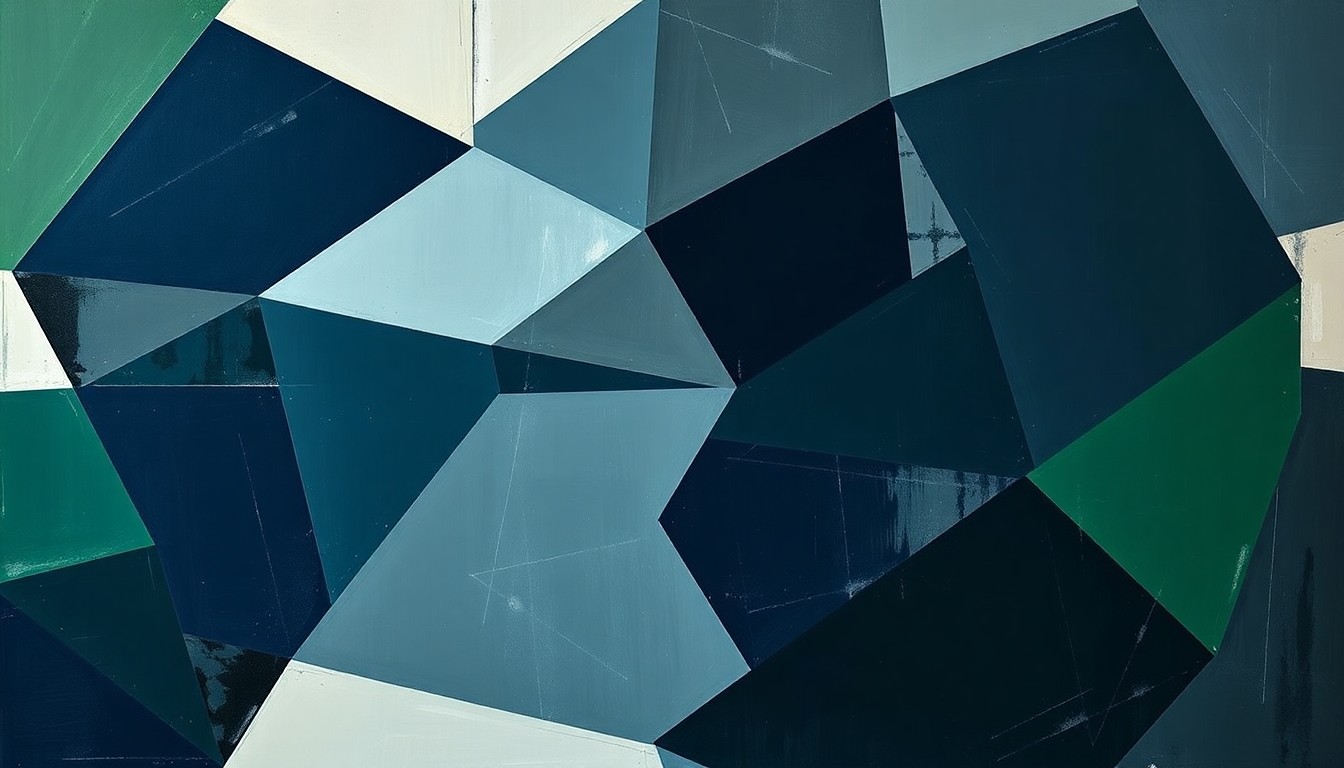 A fragmented, geometric painting depicting overlapping planes of navy, green, and grey, conceptually representing the complex defensive challenges facing the Columbus Blue Jackets.