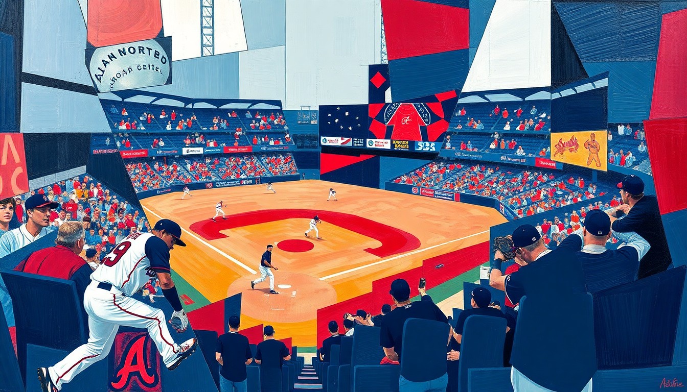 A cubist, geometric painting depicting a baseball player in motion, with the player's form broken down into sharp, overlapping planes of navy blue, red, and white, representing the colors of the Atlanta Braves.