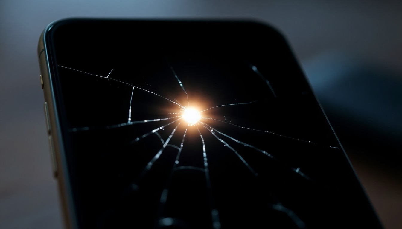 An extreme close-up photograph of a cracked smartphone screen reflecting a bright, harsh camera flash, conceptually representing the sudden, gritty, and investigative nature of a text message scam targeting Missouri drivers.