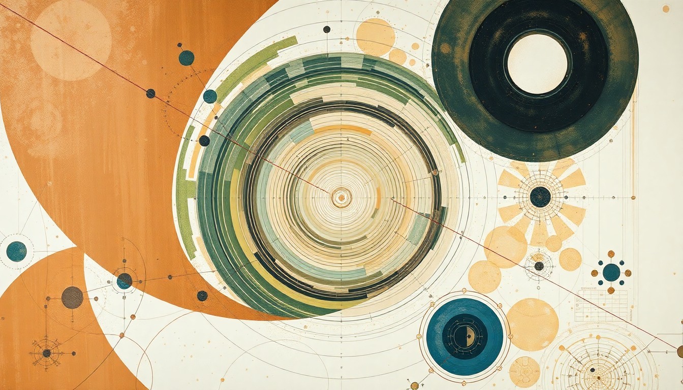 A bold, abstract painting in earthy tones of brown, green, and blue, featuring sweeping geometric arcs, concentric circles, and precise botanical spirals, conceptually representing the complex communication networks and data flows that enable NASA's Artemis II mission.