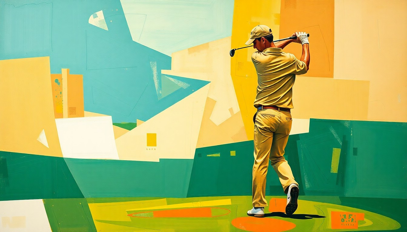 A fragmented, geometric painting depicting a golfer's swing broken down into sharp, overlapping planes of color, conveying the complexity of the sport and the mental focus required.