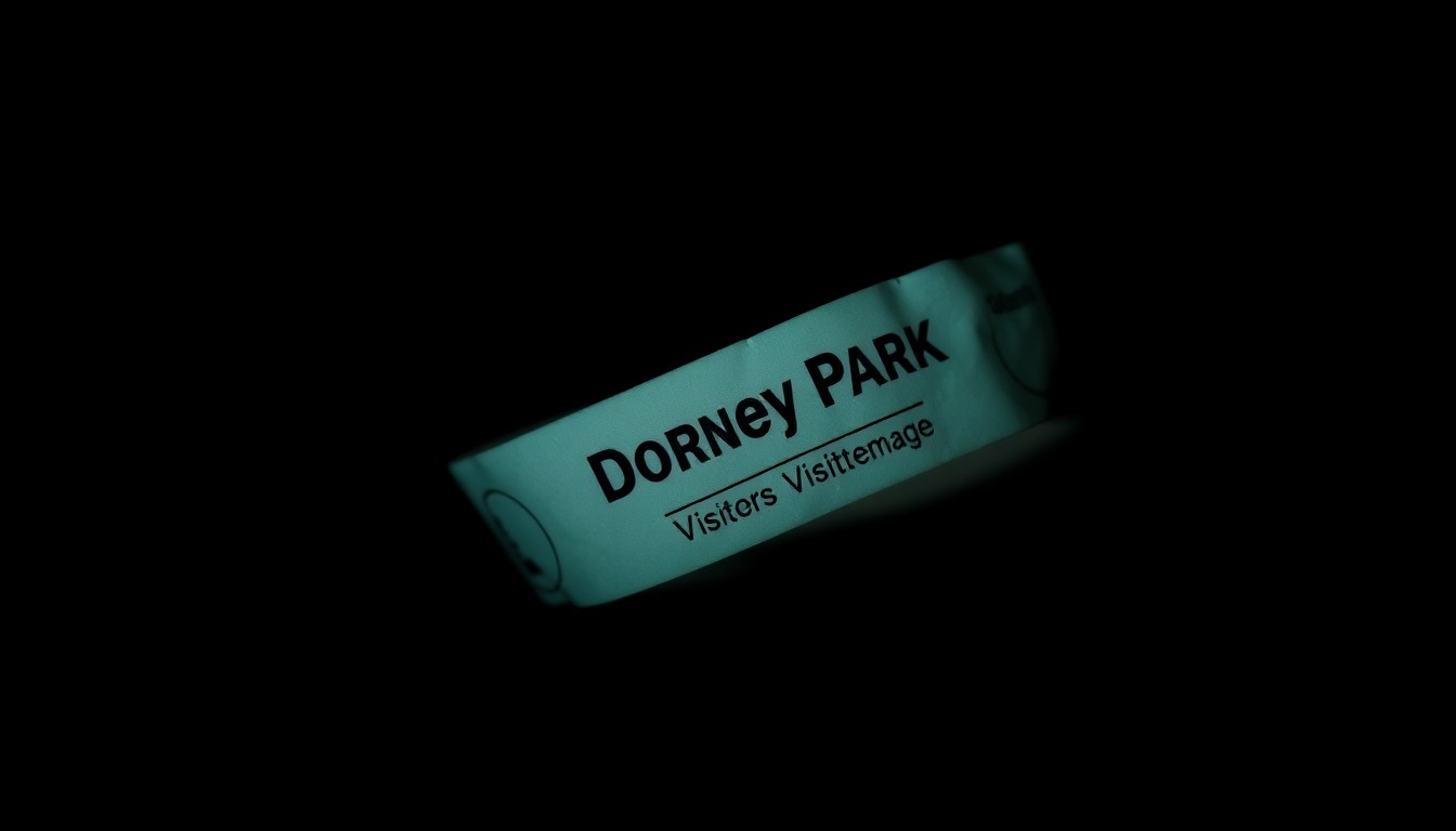 An extreme close-up photograph of a crumpled, discarded visitor's wristband from Dorney Park, lit by a harsh, direct camera flash against a pitch-black background, conveying a stark, gritty, investigative aesthetic.