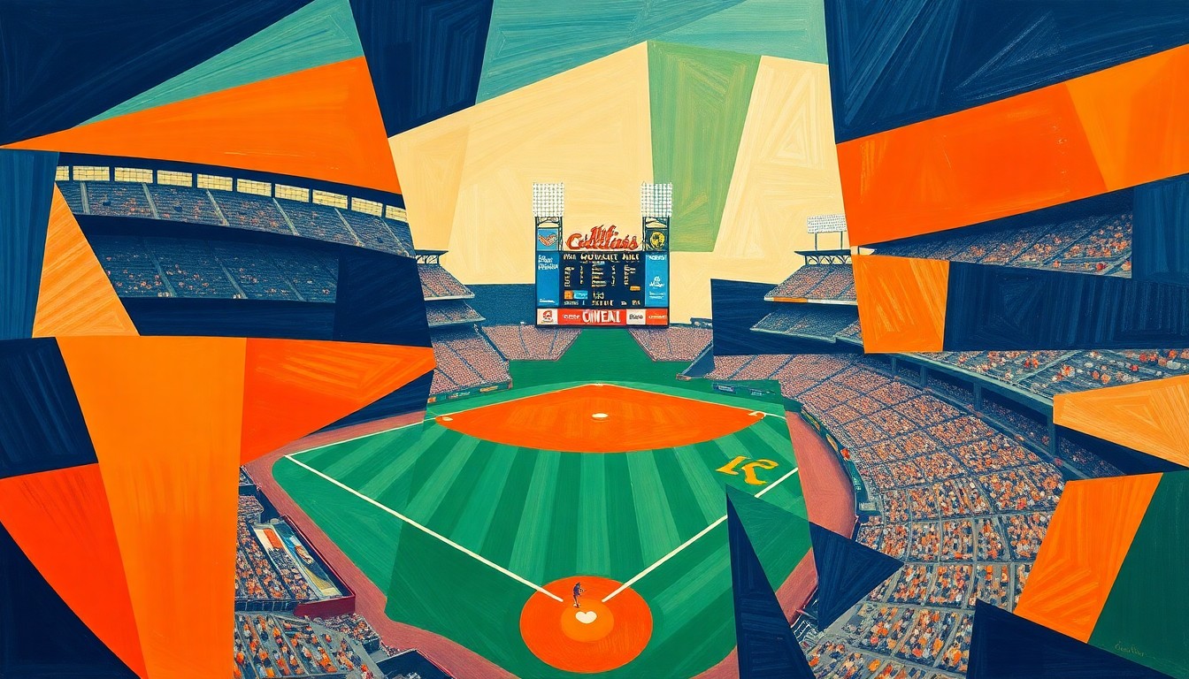 A cubist, geometric painting depicting a baseball game in progress, with players and the stadium rendered in overlapping planes of bright colors.