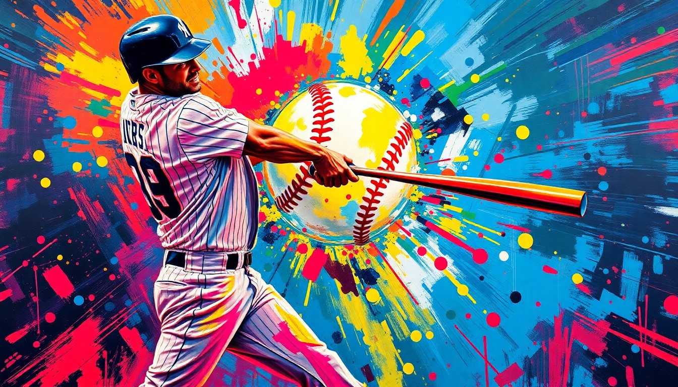 A vibrant, expressionist painting depicting the powerful swing and follow-through of a baseball player, with the ball and player's figure as the main focal points surrounded by a swirling, neon-colored background.