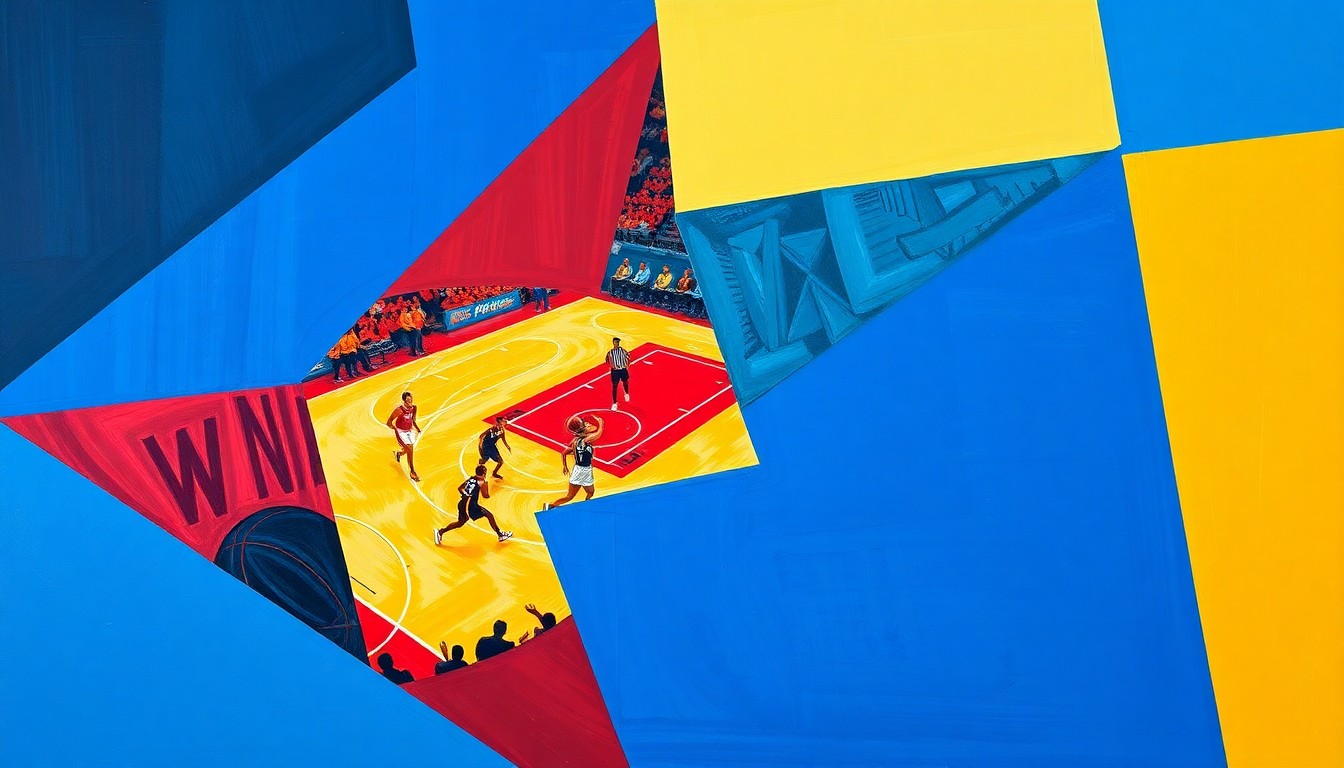 A cubist, geometric painting depicting a fragmented WNBA basketball game, with sharp planes of color representing the dynamic action on the court.