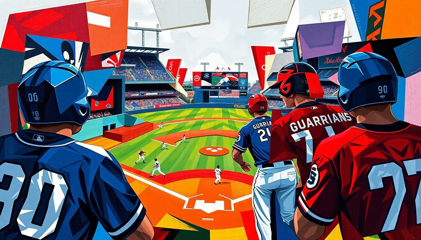 A cubist, geometric painting depicting a baseball game or match, with sharp, overlapping planes of navy blue, red, and white colors representing the Guardians' uniforms and the dynamic action on the field.