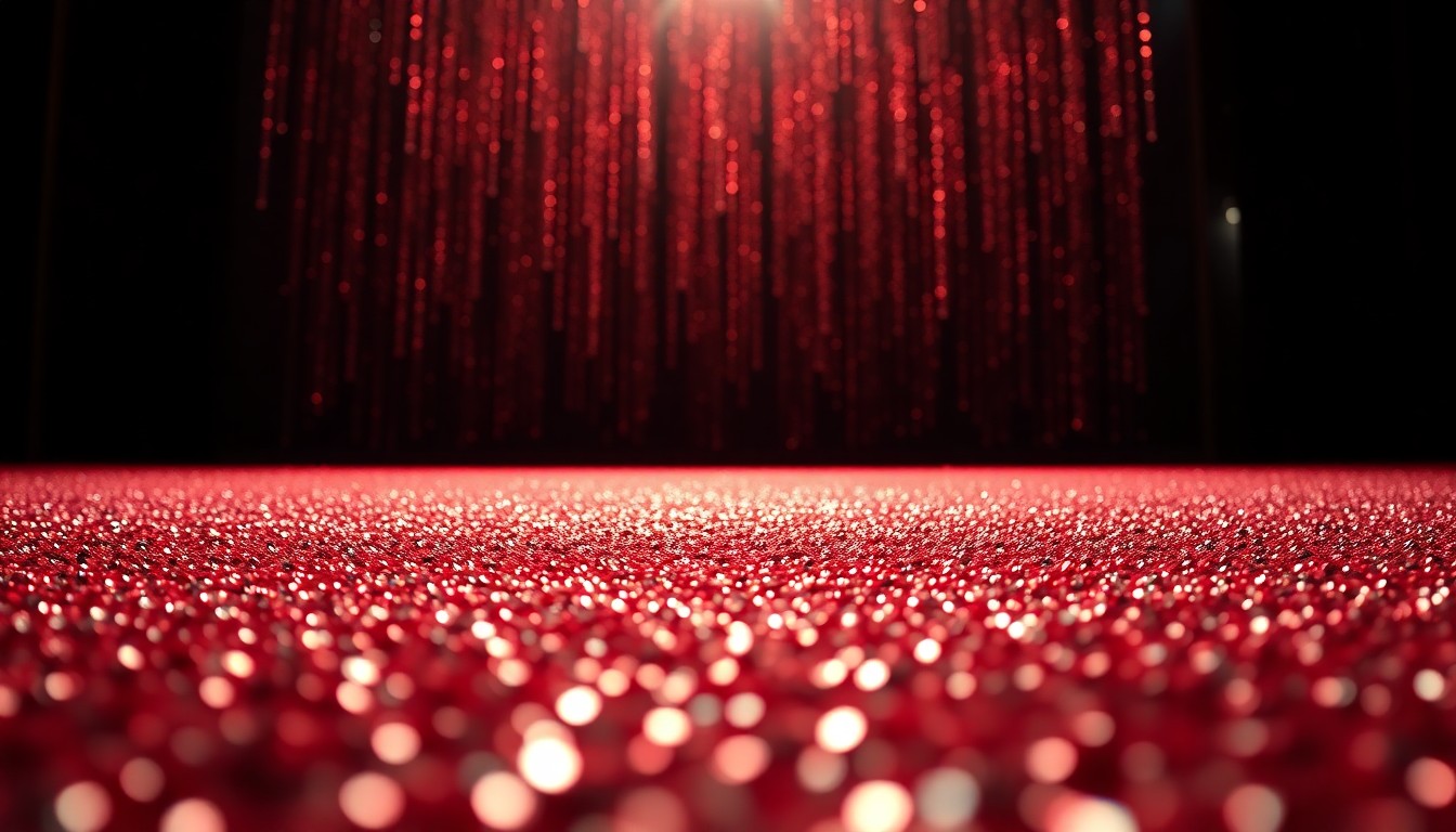 An extreme close-up photograph of shimmering, glittering sequins in high-contrast, dramatic studio lighting, evoking the glamour and luxury of a movie premiere.