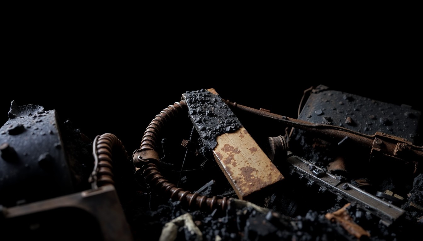 An extreme close-up photograph of twisted, charred metal debris from a commercial truck crash, lit by a harsh, direct camera flash against a pitch-black background, creating a stark, gritty, investigative aesthetic.