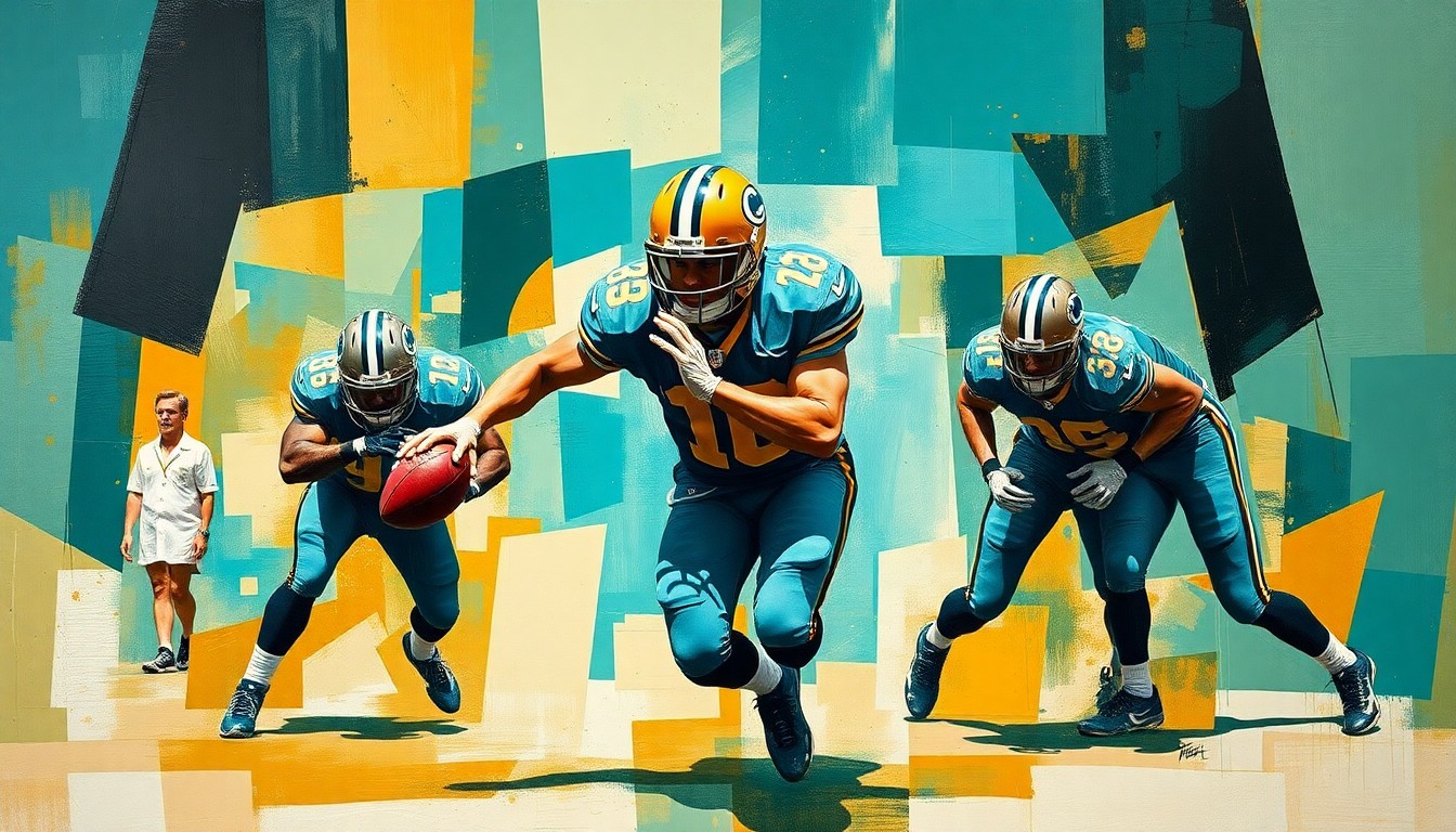 A fractured, cubist-style painting depicting a football player's defensive pass rush, with sharp, overlapping geometric shapes in teal, gold, and black, conveying the energy and dynamism of the player's movements.